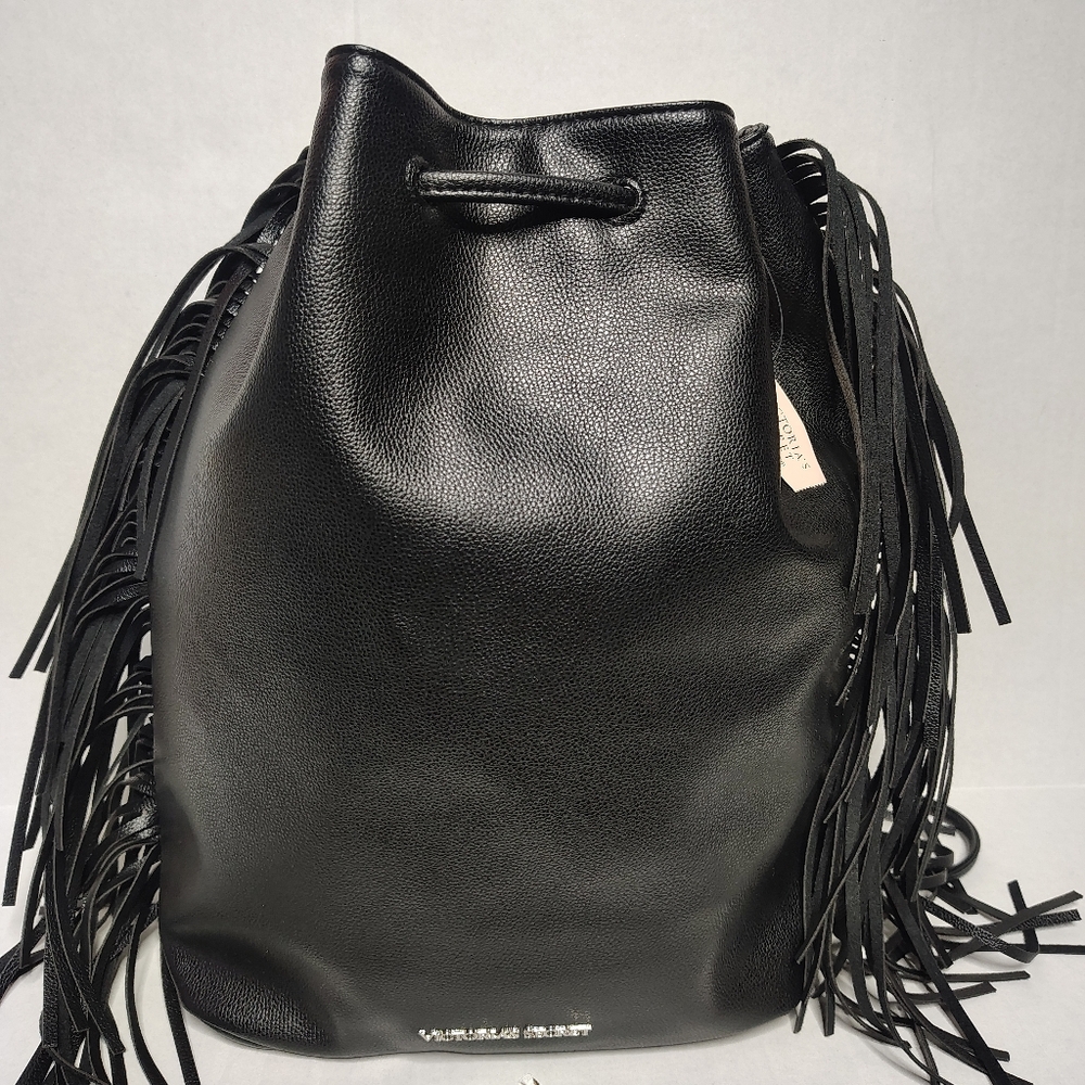 Victoria Secret Backpack Black Faux Leather Fringe Drawstring Bucket Bag New